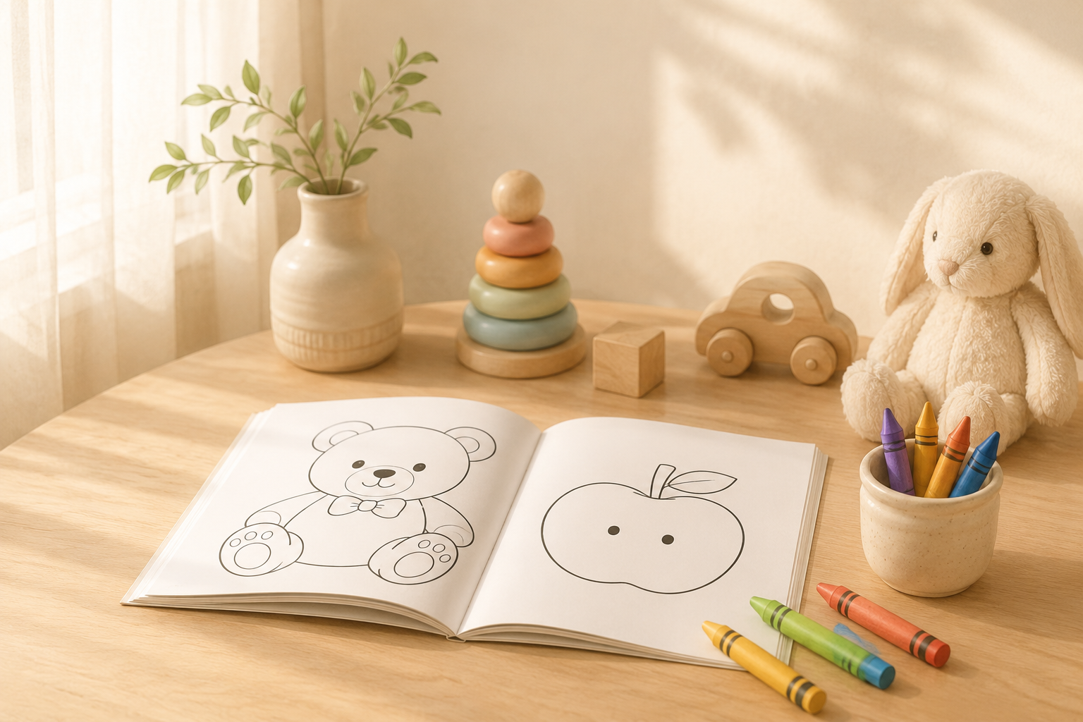 A quiet coloring desk with a teddy and toys