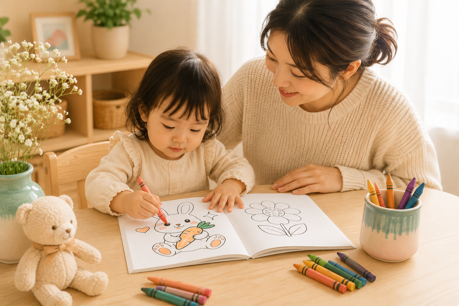 Parent and toddler coloring together at the table