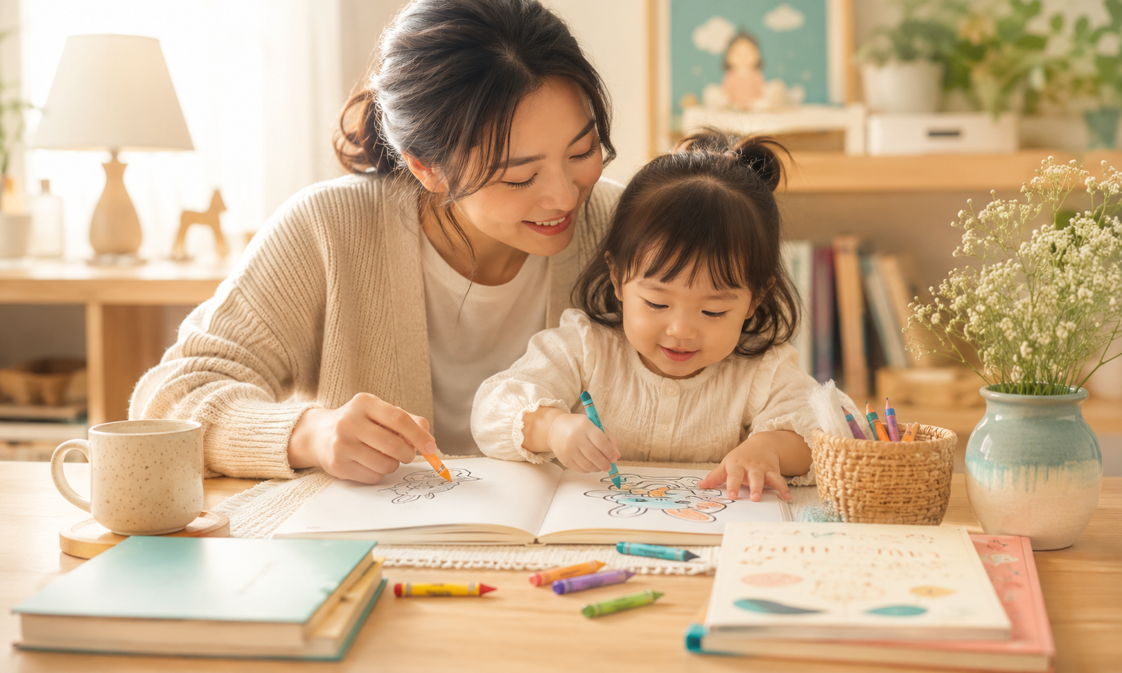 A calm toy corner with a coloring-friendly atmosphere