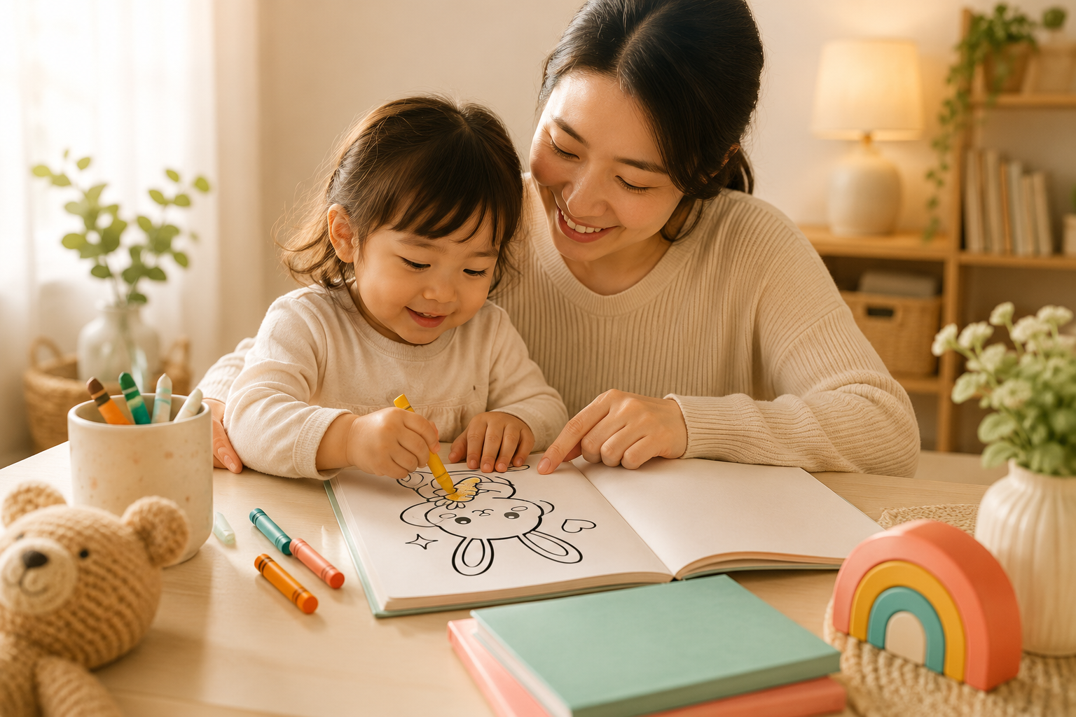 Parent and toddler coloring together