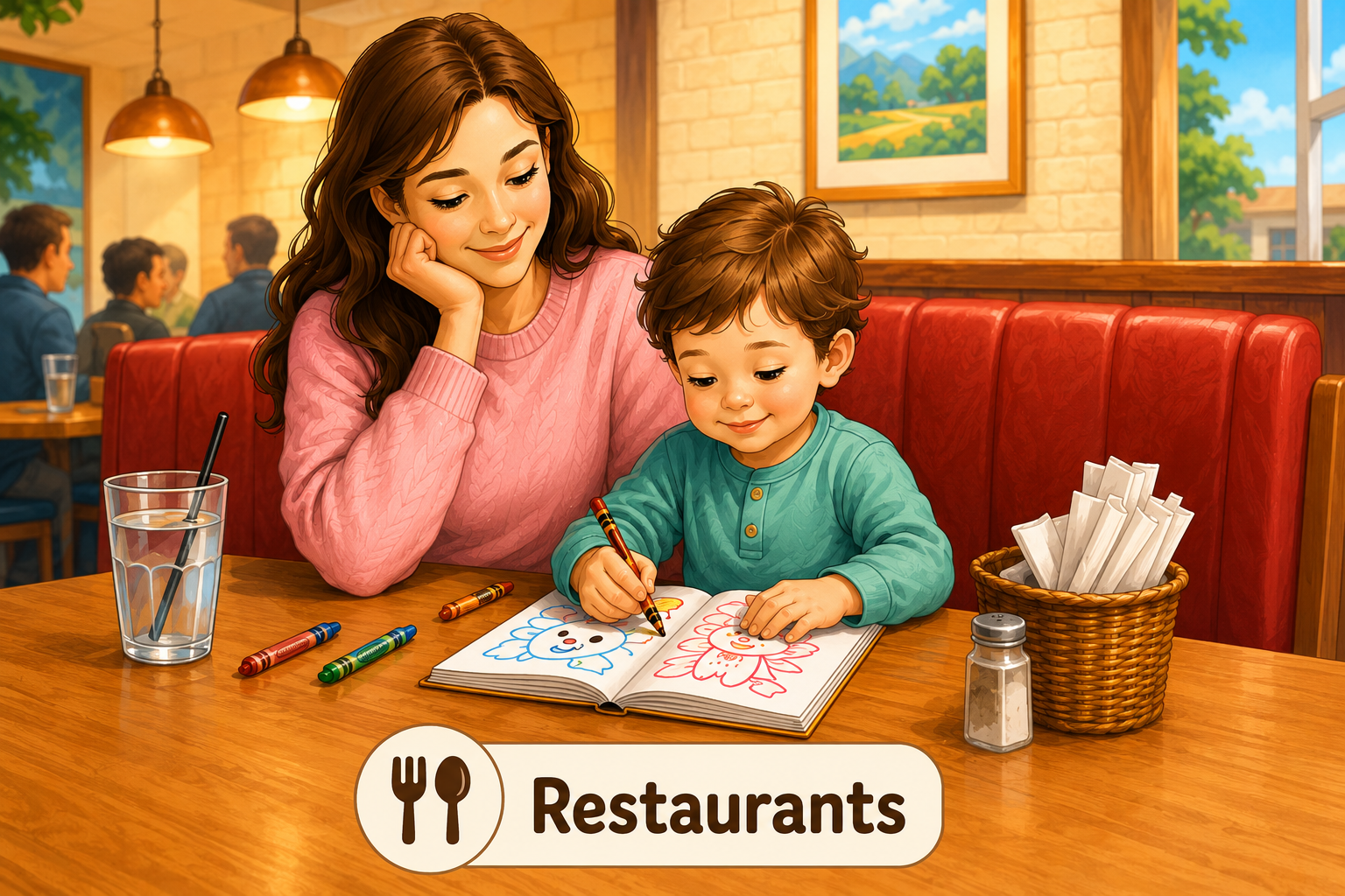 Toddler coloring in a restaurant